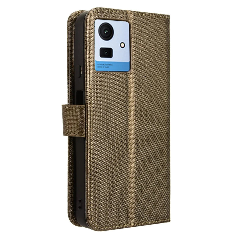 For Cubot Note 50 Phone Case PU Leather Stand Folio Cover with 3 Card Slots Diamond Texture - Brown - 6