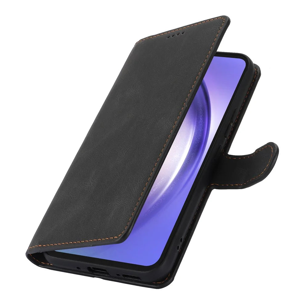 For Samsung Galaxy A25 5G (Global) (161.0 x 76.5 x 8.3mm) Classic Leather Phone Case Wallet Stand Cover - Black - 5