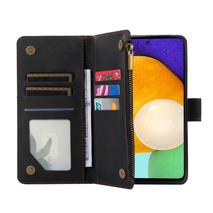 For Samsung Galaxy A73 5G Cell Phone Case Anti-drop 9 Card Slots Wallet Cover with Wrist Strap - Black - 5