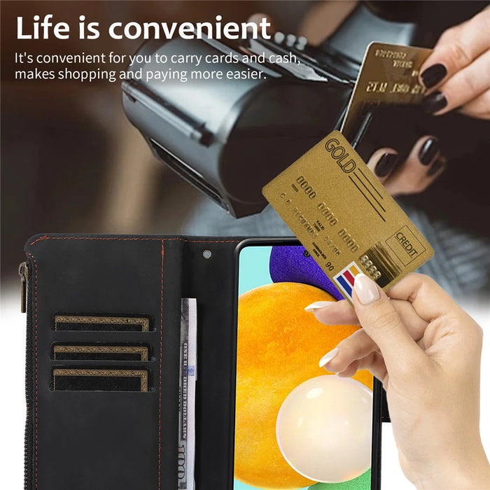 For Samsung Galaxy A73 5G Cell Phone Case Anti-drop 9 Card Slots Wallet Cover with Wrist Strap - Black - 6