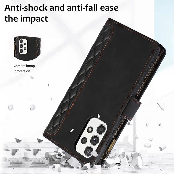 For Samsung Galaxy A73 5G Cell Phone Case Anti-drop 9 Card Slots Wallet Cover with Wrist Strap - Black - 7