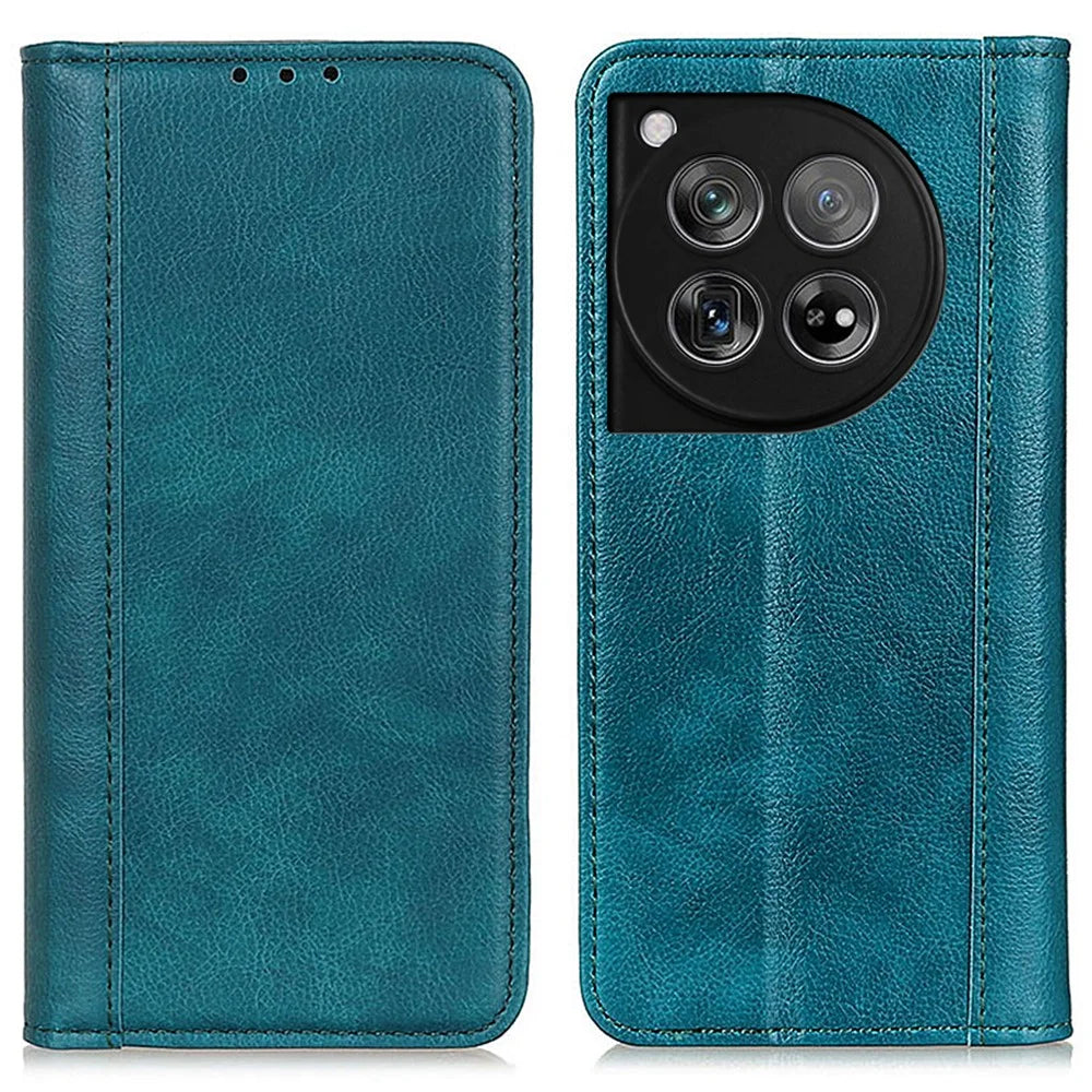 For OnePlus 12 5G Phone Cover Litchi Texture Magnetic Split Leather Wallet Case - Green - 1