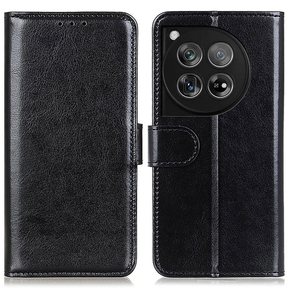 For OnePlus 12 5G Flip Leather Phone Cover Crazy Horse Pattern Design - Black - 1