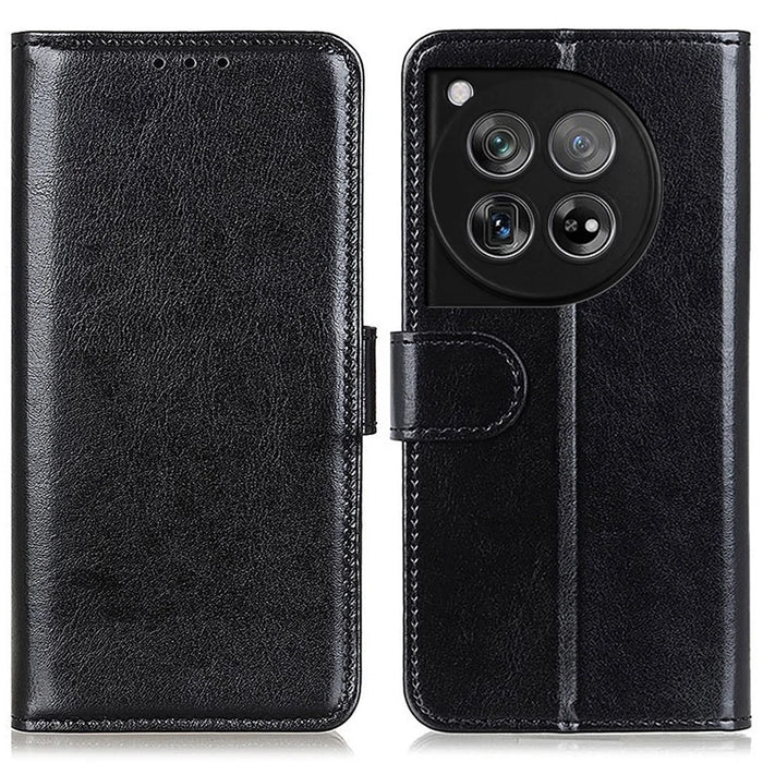 For OnePlus 12 5G Flip Leather Phone Cover Crazy Horse Pattern Design - Black - 1