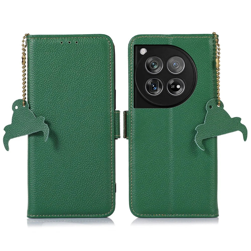 For OnePlus 12 5G Phone Case Genuine Cow Leather RFID Blocking Wallet - Green - 1