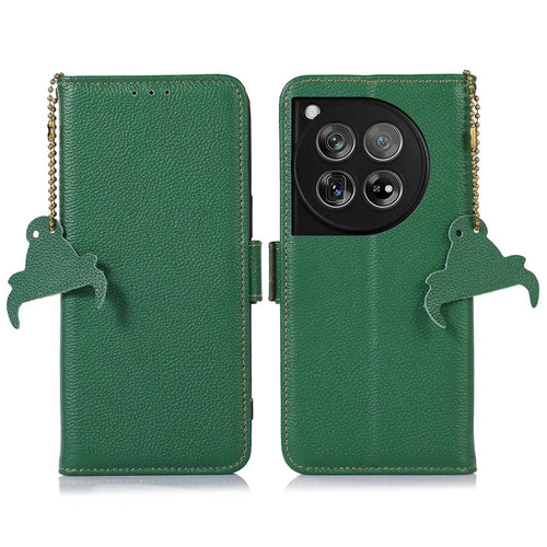 For OnePlus 12 5G Phone Case Genuine Cow Leather RFID Blocking Wallet - Green - 1