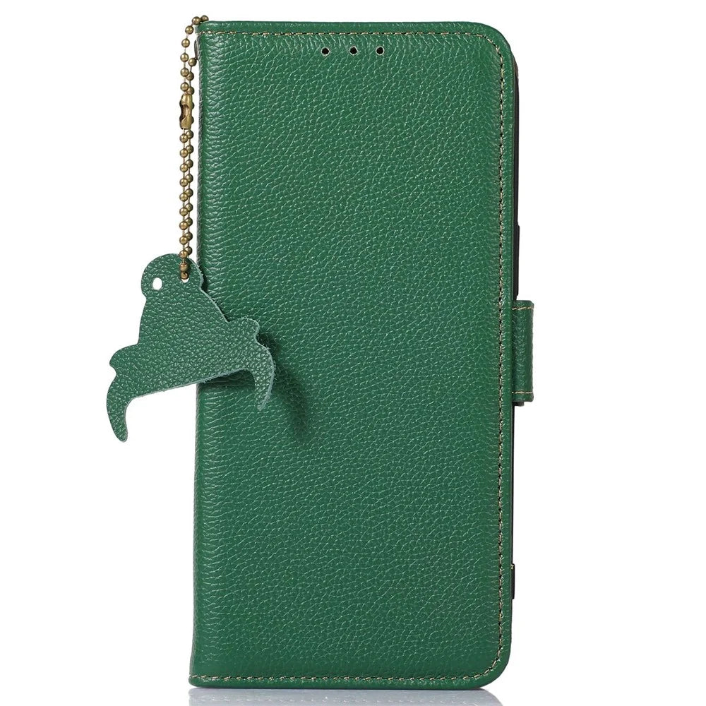 For OnePlus 12 5G Phone Case Genuine Cow Leather RFID Blocking Wallet - Green - 6