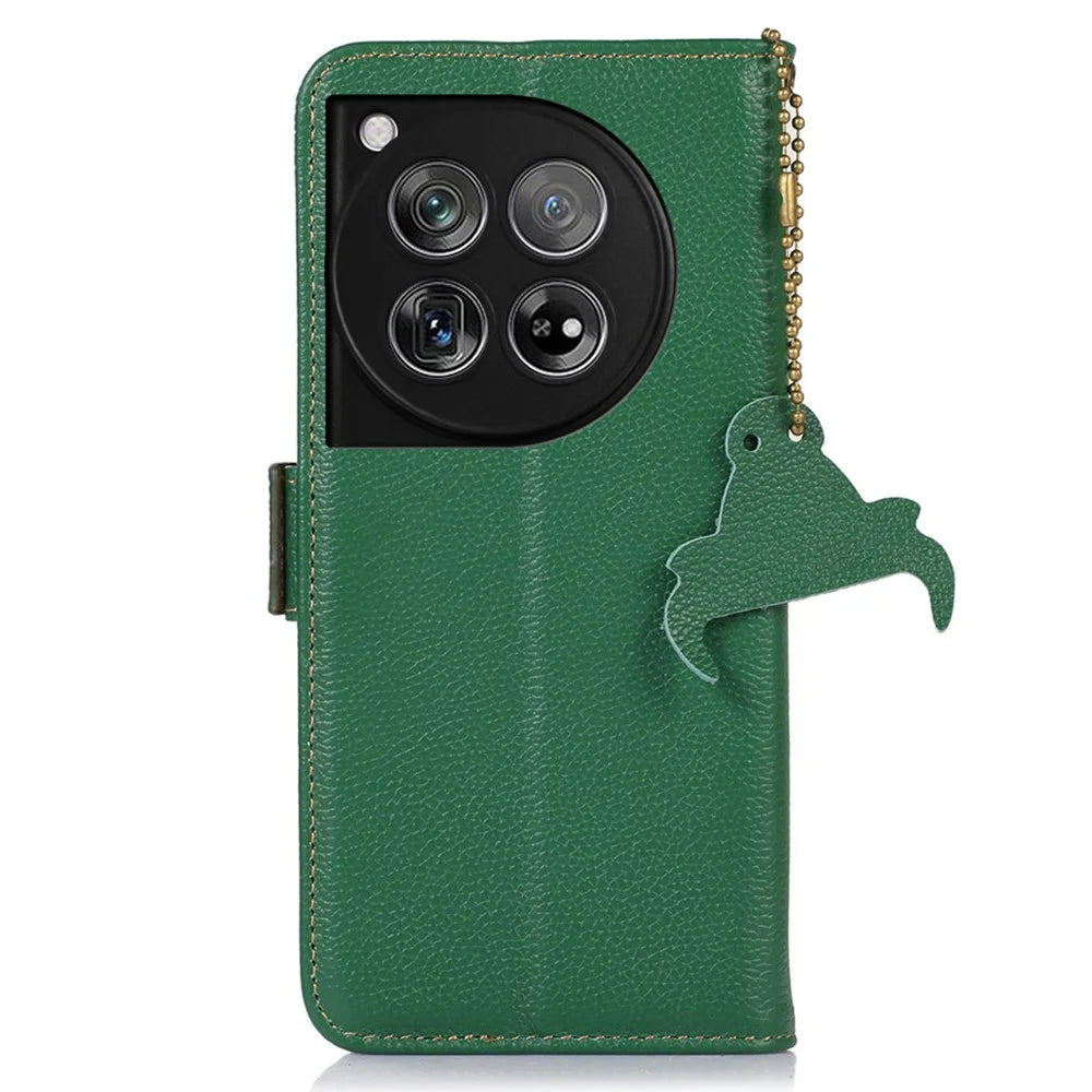 For OnePlus 12 5G Phone Case Genuine Cow Leather RFID Blocking Wallet - Green - 7