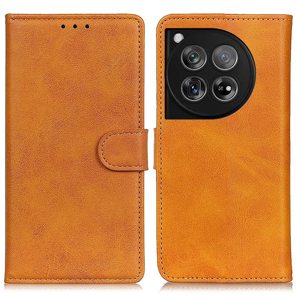 For OnePlus 12 5G Chic Leather Case Cowhide Texture Wallet Stand Cover - Brown - 1