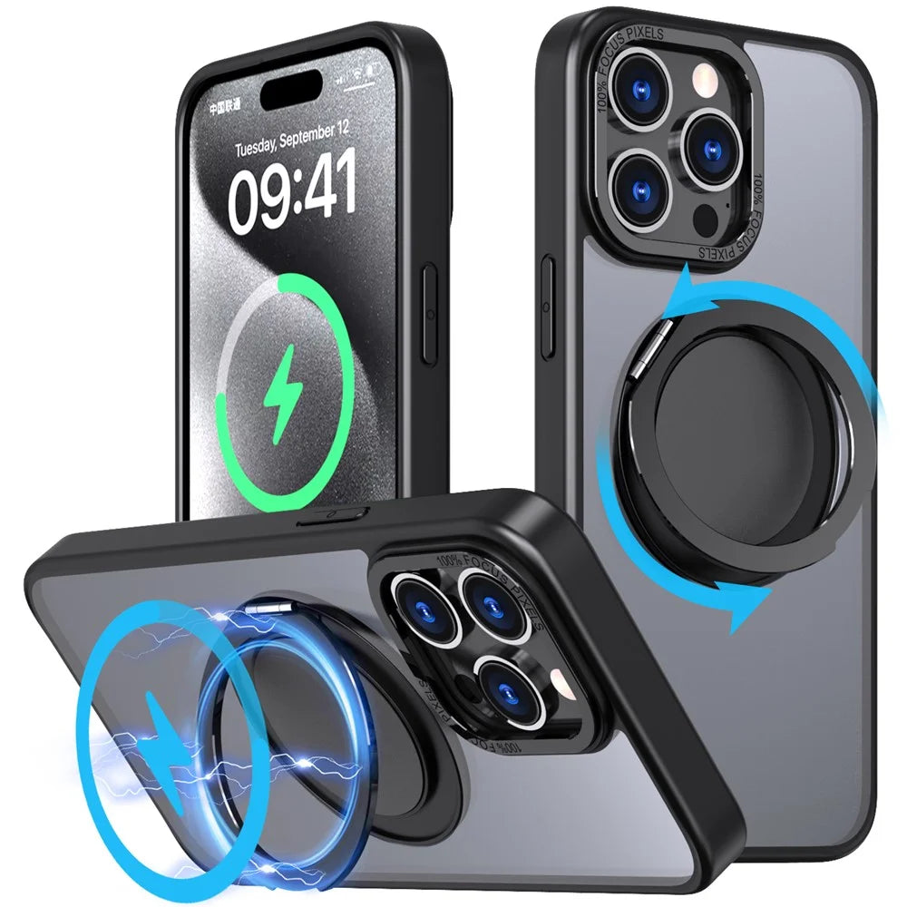 For iPhone 15 Pro Max Magnetic Case Hidden Gear Ring Kickstand Phone Cover - Black - 1