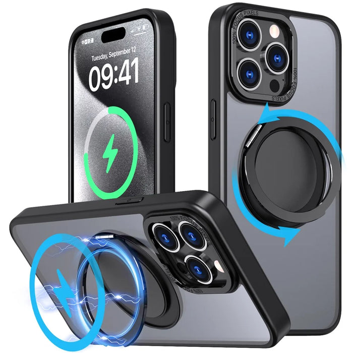 For iPhone 15 Pro Max Magnetic Case Hidden Gear Ring Kickstand Phone Cover - Black - 1