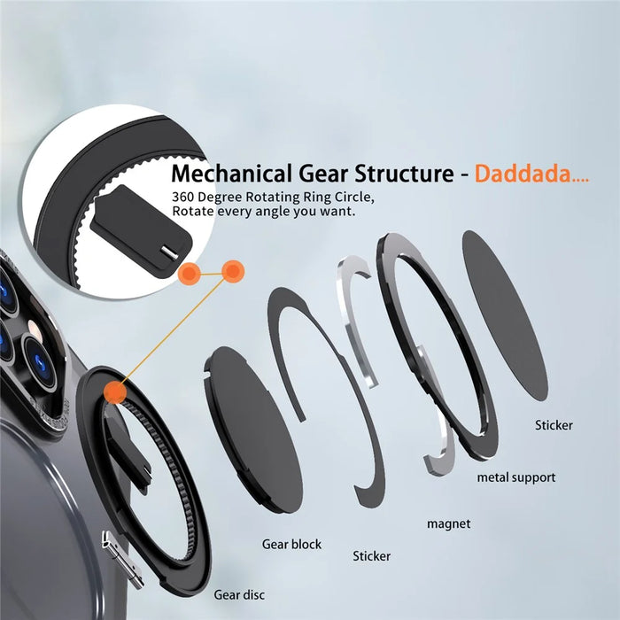 For iPhone 15 Pro Max Magnetic Case Hidden Gear Ring Kickstand Phone Cover - Black - 6