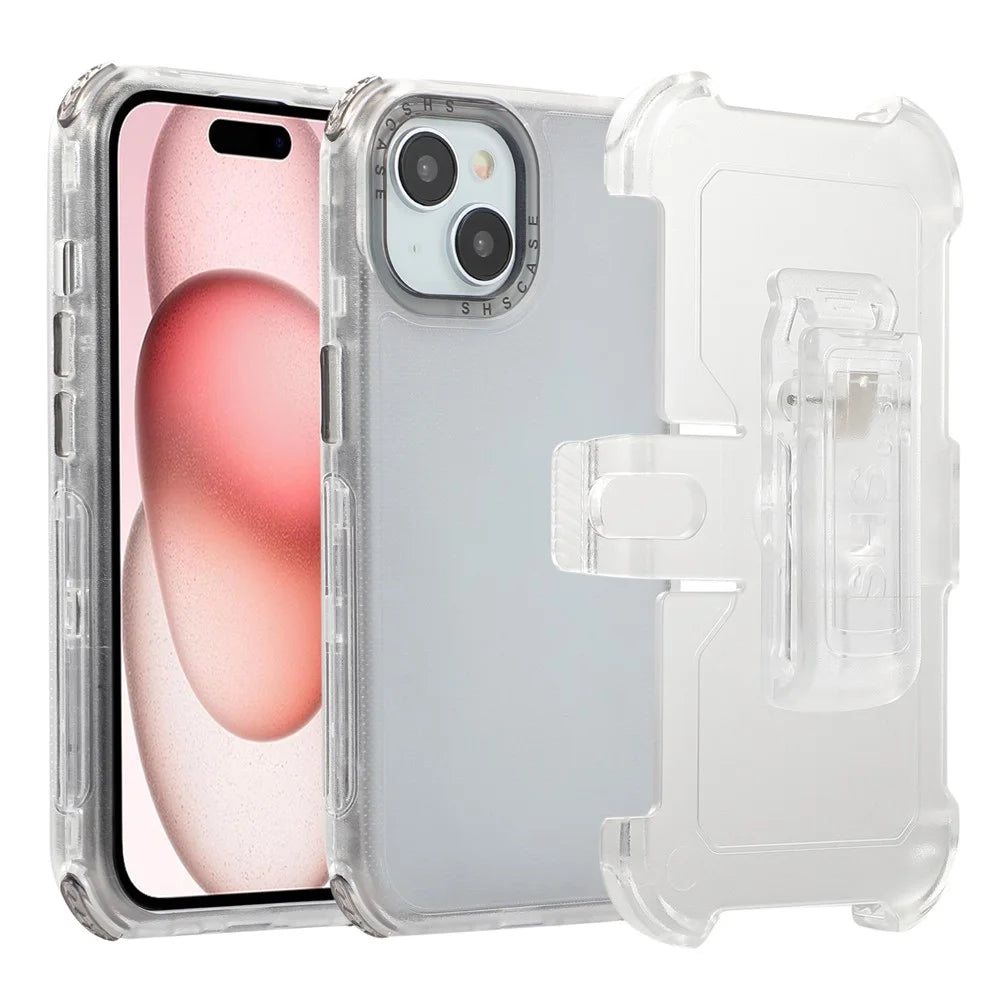 For iPhone 15 Matte Phone Cover Slide Holster Cover Belt Clip Kickstand - Transparent Black - 1