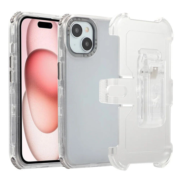 For iPhone 15 Matte Phone Cover Slide Holster Cover Belt Clip Kickstand - Transparent Black - 1