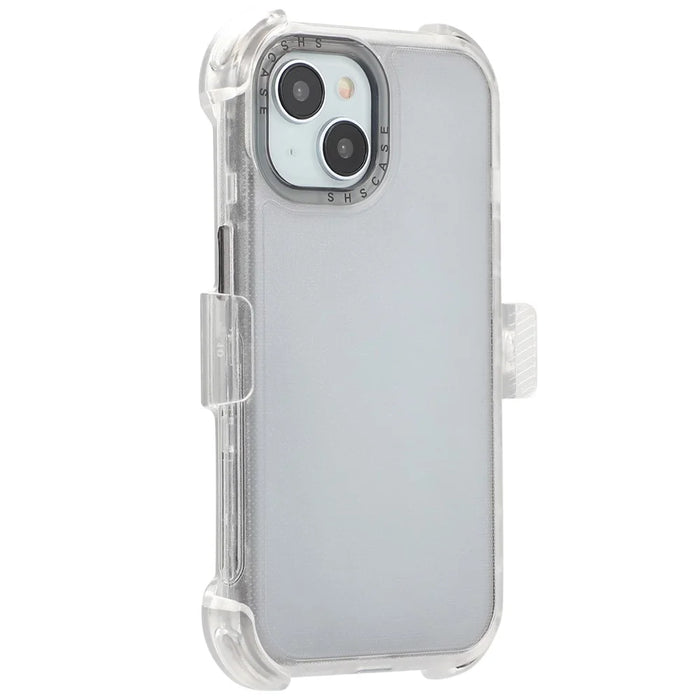 For iPhone 15 Matte Phone Cover Slide Holster Cover Belt Clip Kickstand - Transparent Black - 6