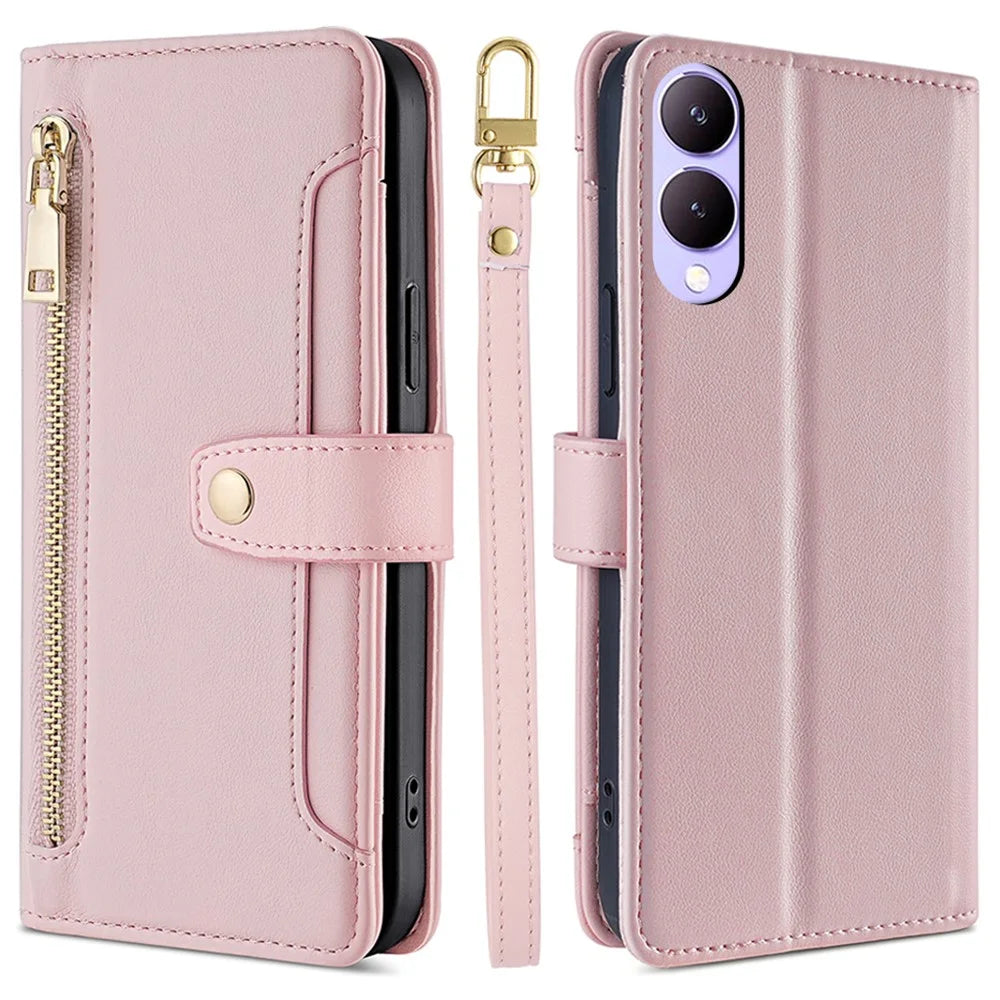Wallet Case for vivo Y17s 4G Zipper Pocket Purse with Shoulder Wrist Strap PU Leather Phone Cover - Pink - 1