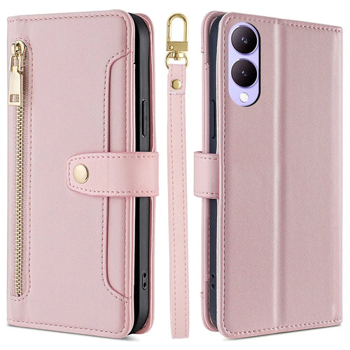 Wallet Case for vivo Y17s 4G Zipper Pocket Purse with Shoulder Wrist Strap PU Leather Phone Cover - Pink - 1
