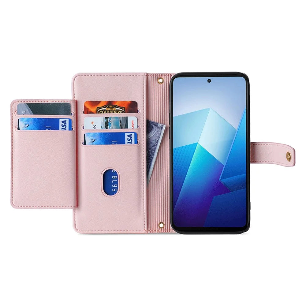 Wallet Case for vivo Y17s 4G Zipper Pocket Purse with Shoulder Wrist Strap PU Leather Phone Cover - Pink - 2