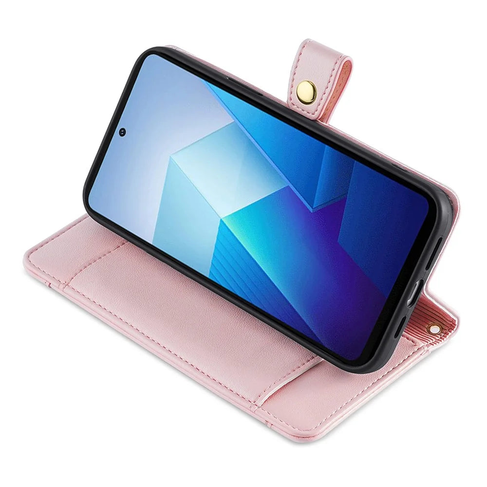Wallet Case for vivo Y17s 4G Zipper Pocket Purse with Shoulder Wrist Strap PU Leather Phone Cover - Pink - 3