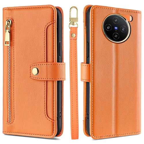 For vivo X100 5G Crossbody Wallet Case Stand Card Holder Phone Cover - Orange - 1