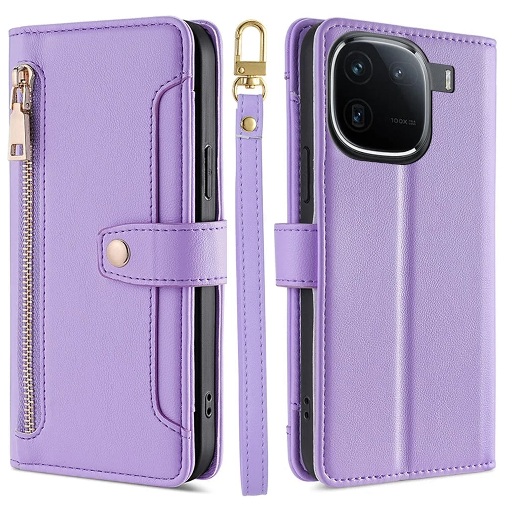For vivo iQOO 12 Pro 5G Case PU Leather Wallet Phone Crossbody Flip Cover Shoulder Wrist Straps - Purple - 1