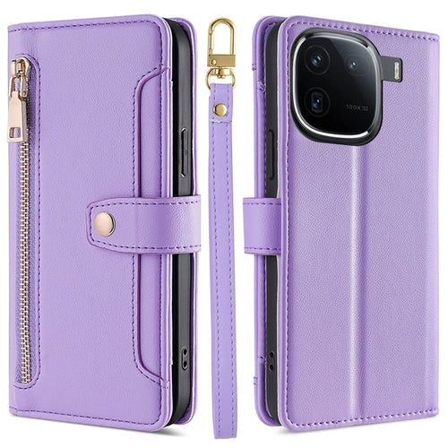 For vivo iQOO 12 Pro 5G Case PU Leather Wallet Phone Crossbody Flip Cover Shoulder Wrist Straps - Purple - 1