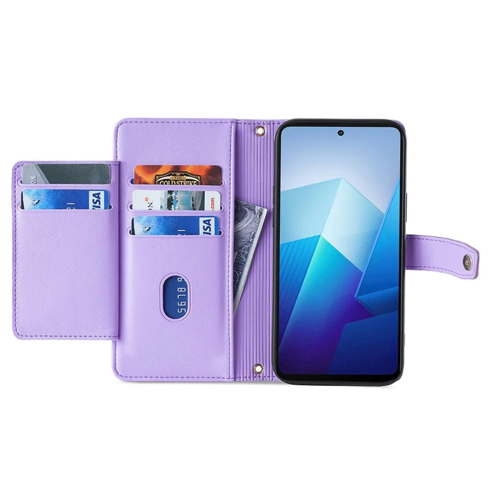 For vivo iQOO 12 Pro 5G Case PU Leather Wallet Phone Crossbody Flip Cover Shoulder Wrist Straps - Purple - 2