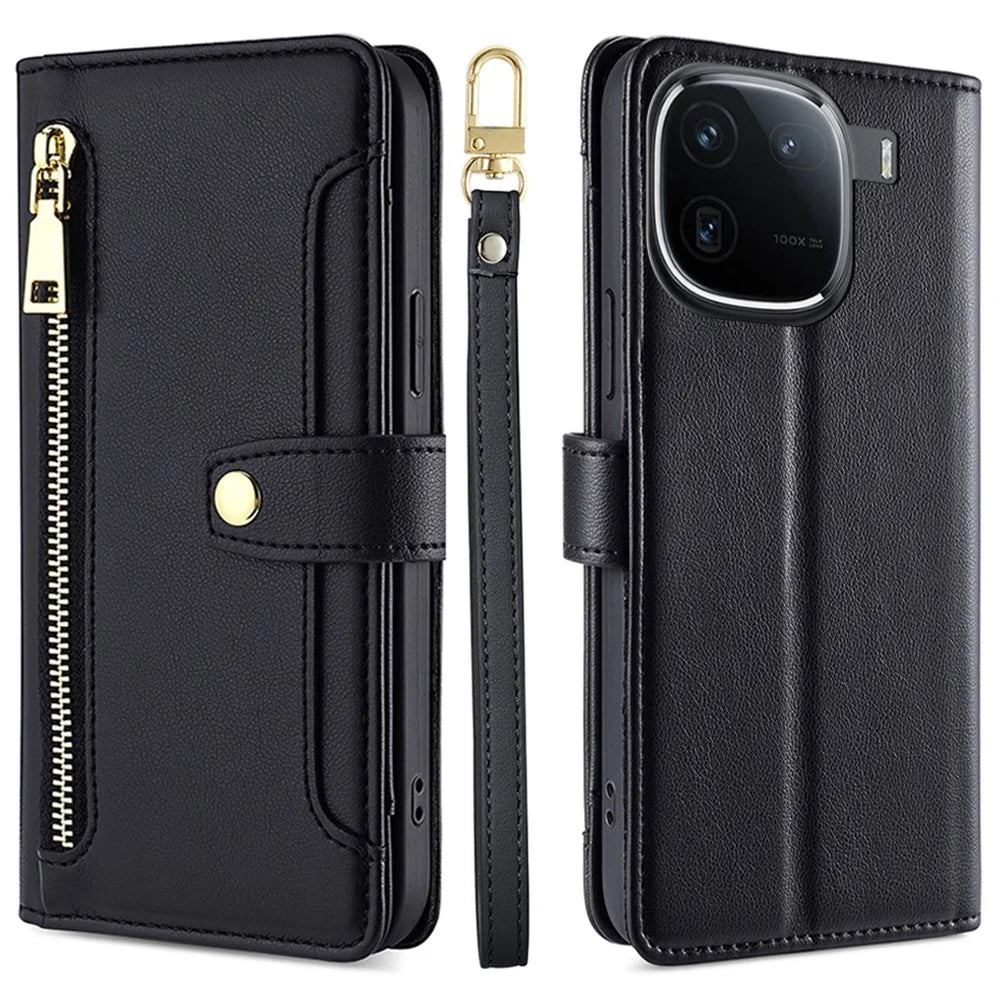 For vivo iQOO 12 5G Zipper Pocket Phone Case with 6-Card Holder PU Leather Crossbody Cover - Black - 1