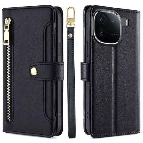 For vivo iQOO 12 5G Zipper Pocket Phone Case with 6-Card Holder PU Leather Crossbody Cover - Black - 1