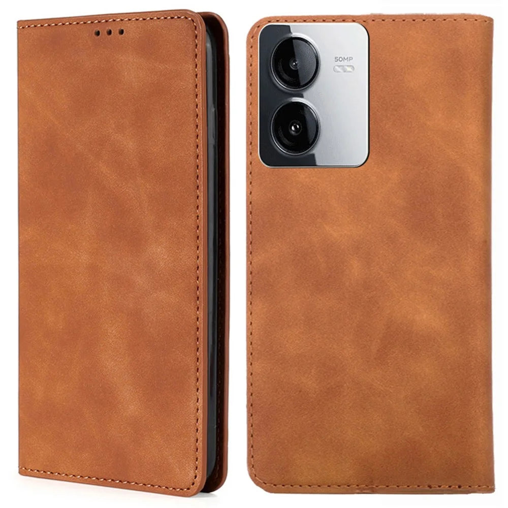 For vivo iQOO Z8x 5G / Y78t 5G Phone Case Card Holder Slots Leather Stand Flip Cover - Light Brown - 1