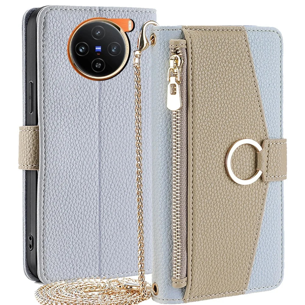 For vivo X100 5G Wallet Case with Card Holder PU Leather Phone Cover Crossbody Bag Purse Style - Blue - 1