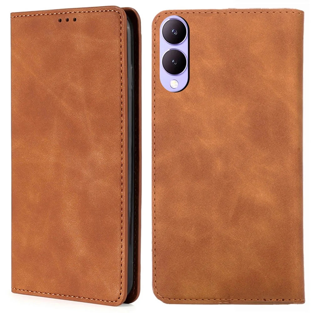 For vivo Y17s 4G Case 2 Card Holder Slot PU Leather Phone Cover Skin Touch Feeling - Light Brown - 1