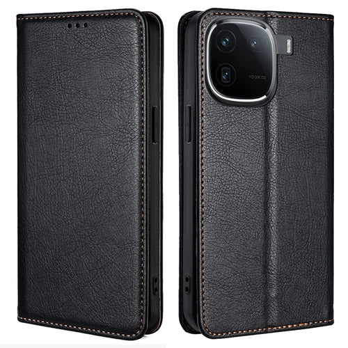 For vivo iQOO 12 5G PU Leather Wallet Case Solid Color Stand Flip Phone Cover Magnetic Absorption - Black - 1
