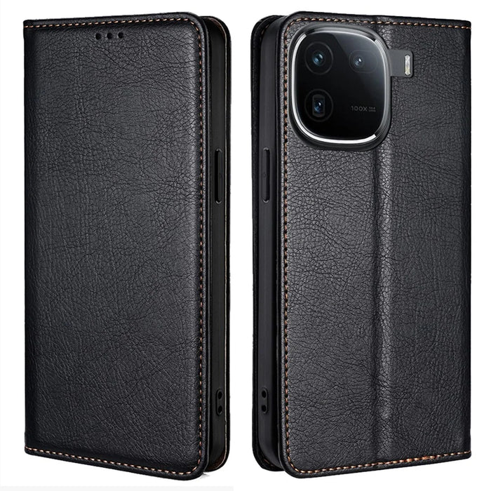 For vivo iQOO 12 5G PU Leather Wallet Case Solid Color Stand Flip Phone Cover Magnetic Absorption - Black - 1