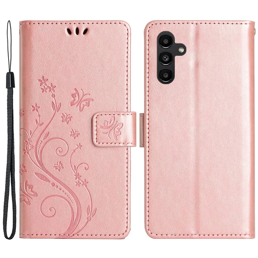 For Samsung Galaxy A55 5G Butterfly Leather Case Phone Cover with Stand Wallet - Rose Gold - 1