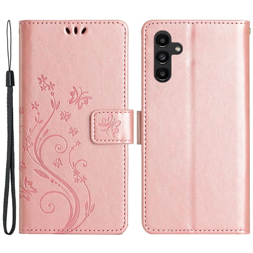 For Samsung Galaxy A55 5G Butterfly Leather Case Phone Cover with Stand Wallet - Rose Gold - 1