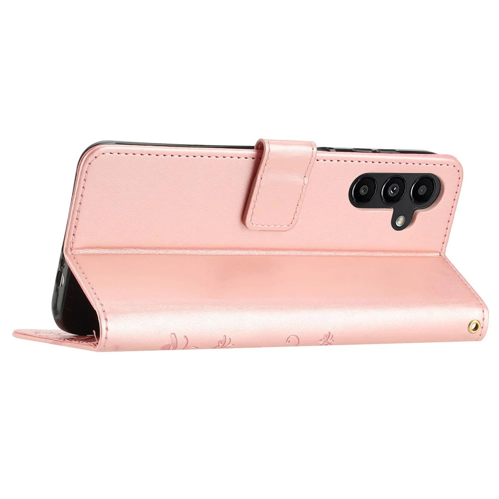 For Samsung Galaxy A55 5G Butterfly Leather Case Phone Cover with Stand Wallet - Rose Gold - 4