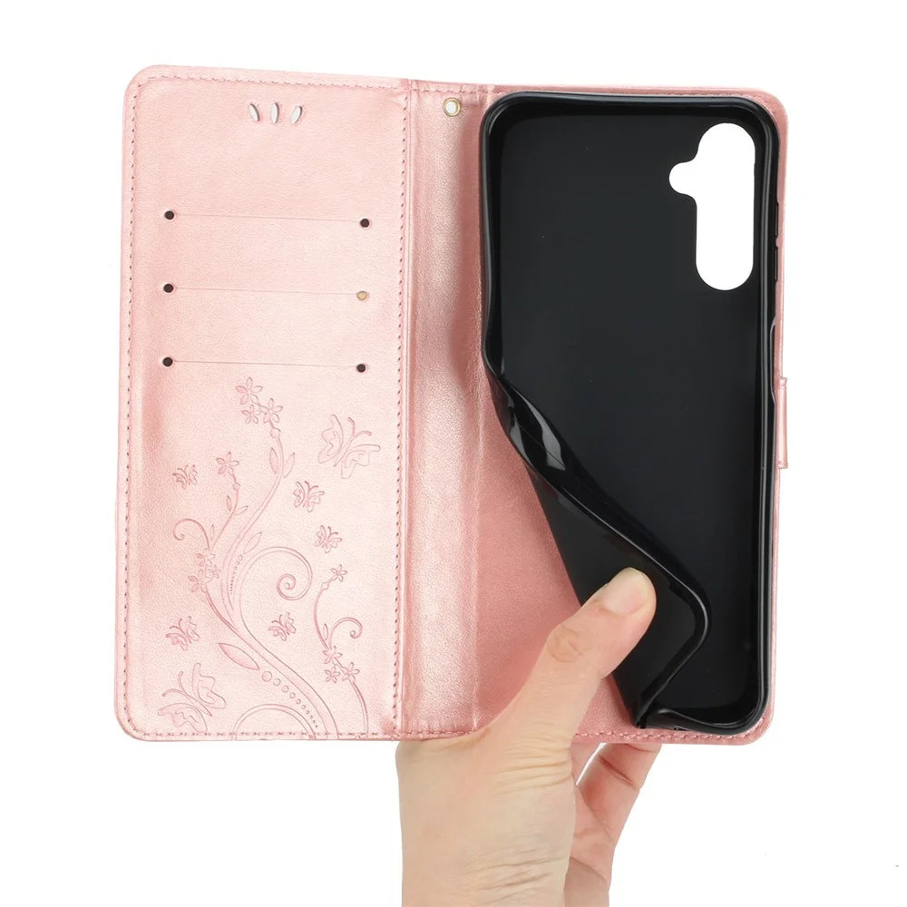 For Samsung Galaxy A55 5G Butterfly Leather Case Phone Cover with Stand Wallet - Rose Gold - 5