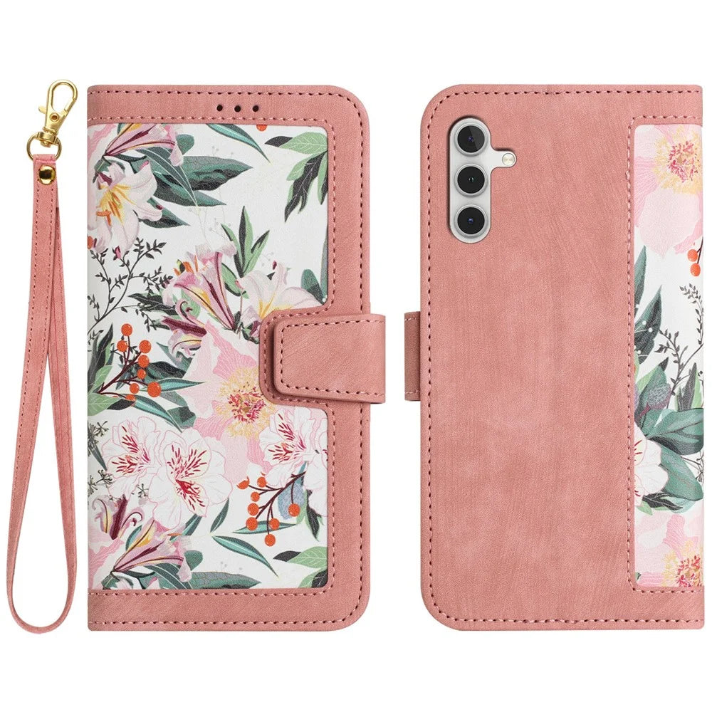 For Samsung Galaxy A55 5G Phone Leather Case Card Holder with Flower Pattern - Pink - 1