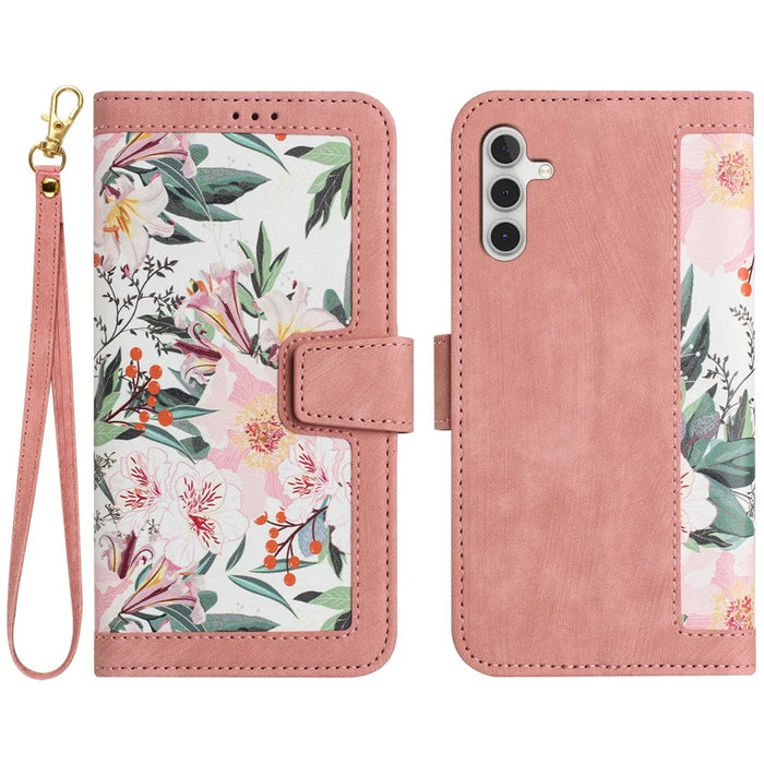 For Samsung Galaxy A55 5G Phone Leather Case Card Holder with Flower Pattern - Pink - 1