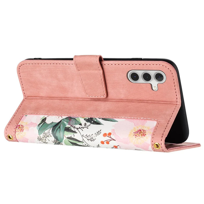 For Samsung Galaxy A55 5G Phone Leather Case Card Holder with Flower Pattern - Pink - 3