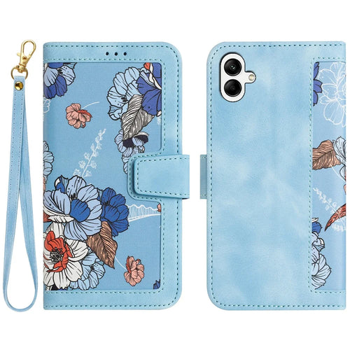 For Samsung Galaxy A05 4G Flower Leather Case with Card Holder Stand - Baby Blue - 1