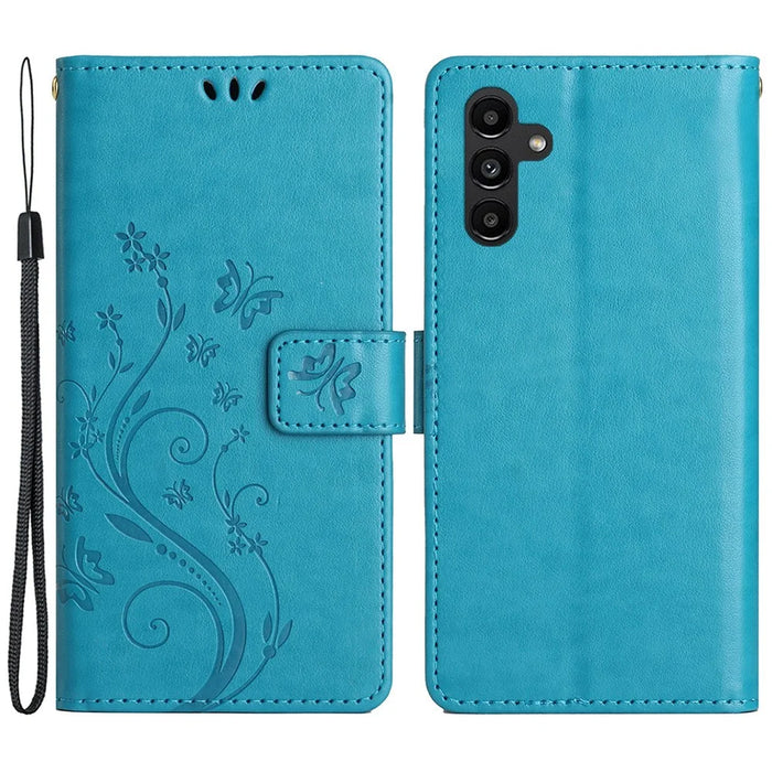 For Samsung Galaxy A35 5G Leather Case Wallet Phone Cover with Butterfly Pattern - Blue - 1