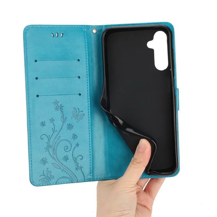 For Samsung Galaxy A35 5G Leather Case Wallet Phone Cover with Butterfly Pattern - Blue - 5