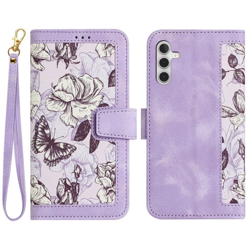For Samsung Galaxy A35 5G Leather Stand Case Card Holder Flower Pattern - Light Purple - 1
