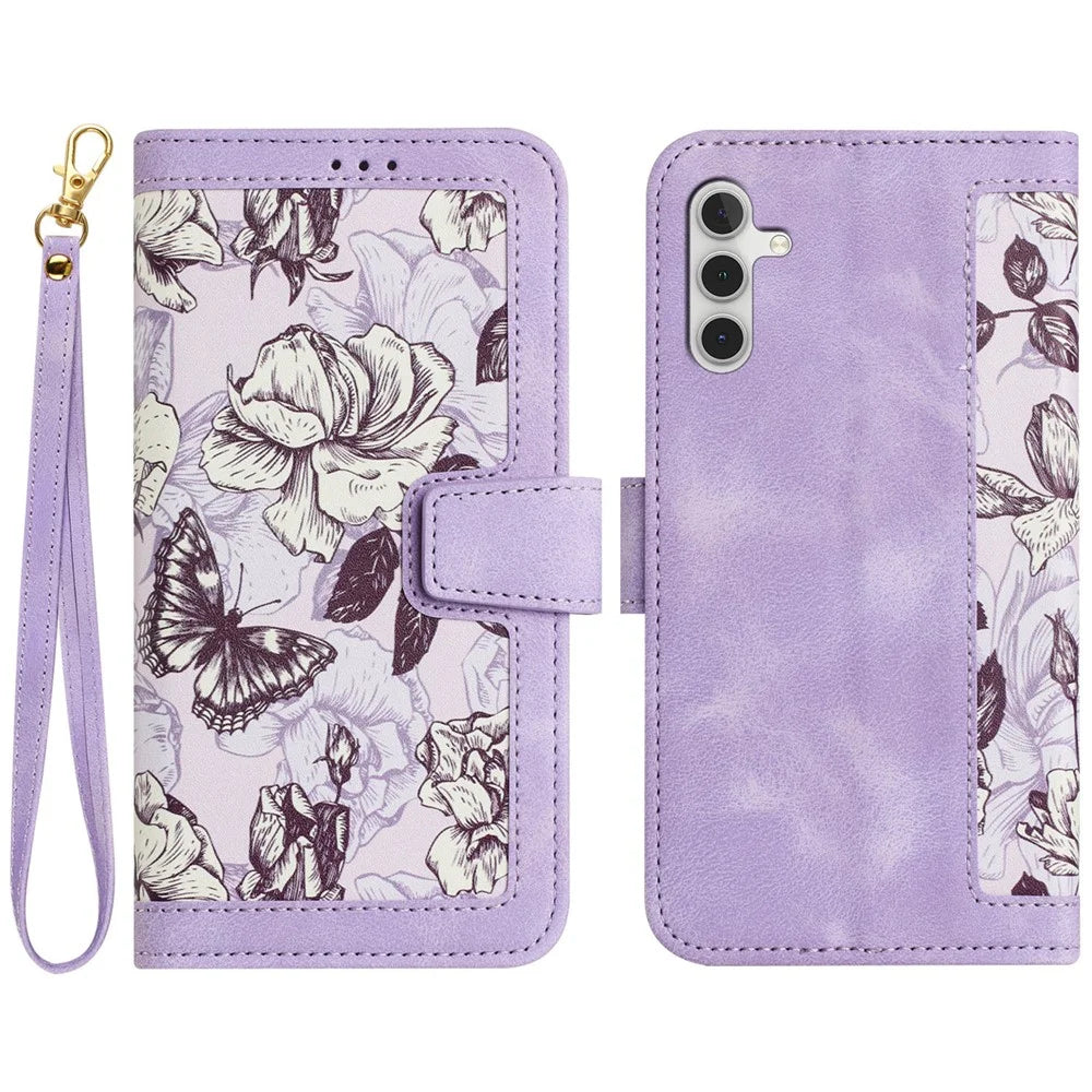 For Samsung Galaxy A35 5G Leather Stand Case Card Holder Flower Pattern - Light Purple - 1