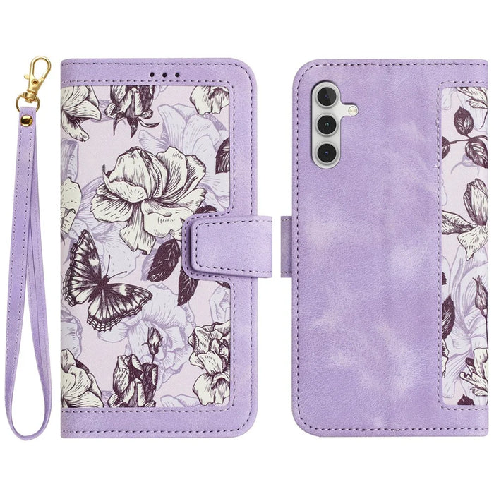 For Samsung Galaxy A35 5G Leather Stand Case Card Holder Flower Pattern - Light Purple - 1