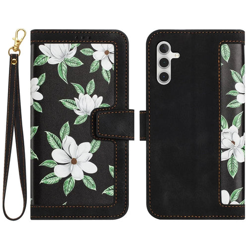 For Samsung Galaxy A05s 4G Phone Case PU Leather Card Holder Flower Pattern - Black - 1