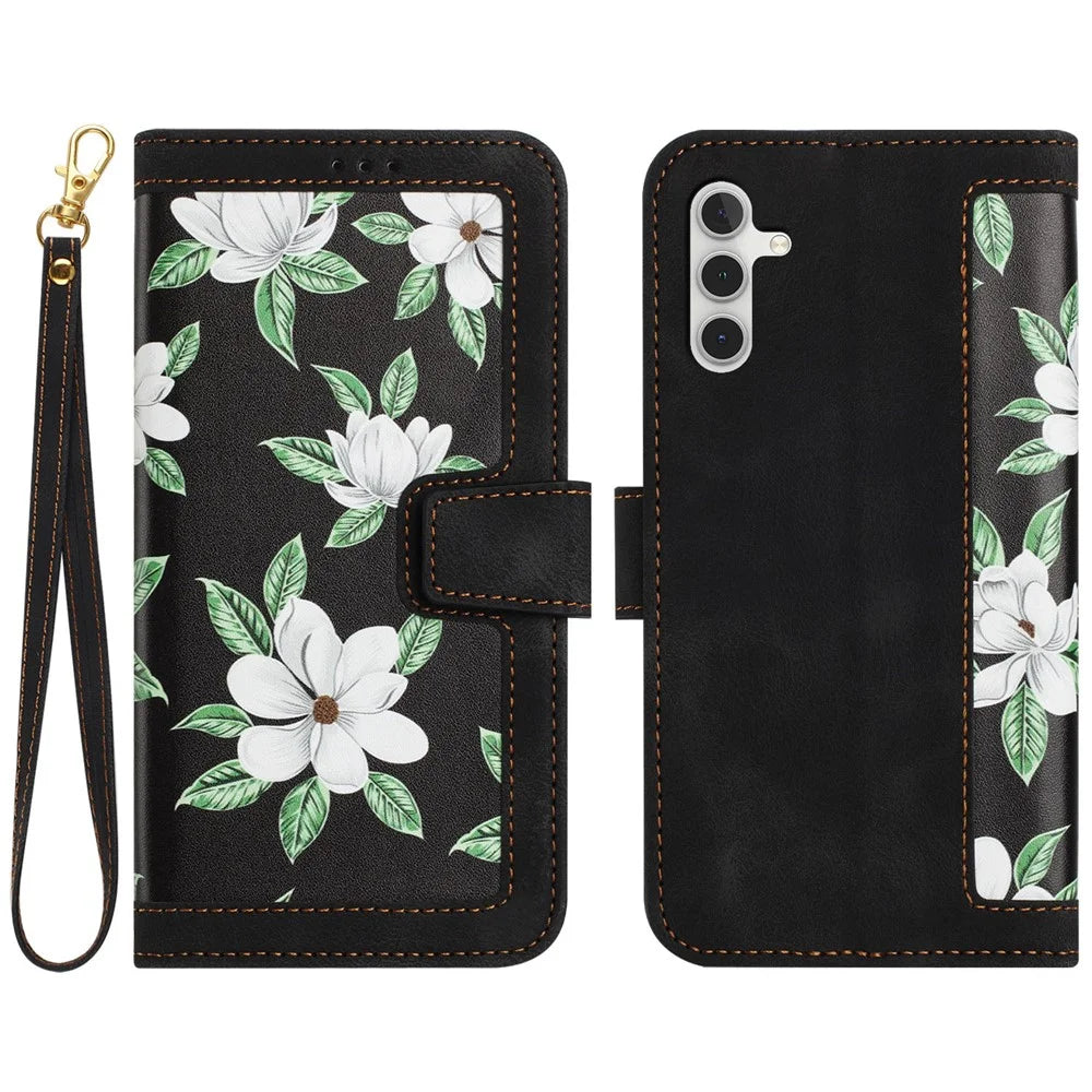 For Samsung Galaxy A05s 4G Phone Case PU Leather Card Holder Flower Pattern - Black - 1