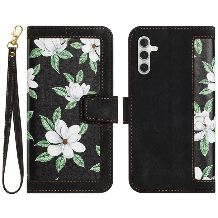 For Samsung Galaxy A05s 4G Phone Case PU Leather Card Holder Flower Pattern - Black - 1